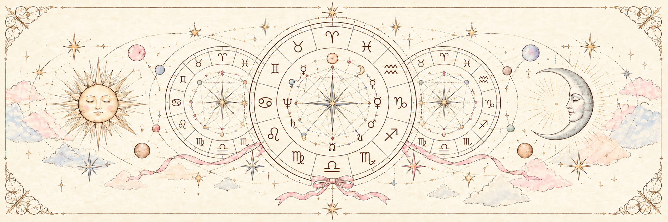 Ilustração em aquarela de mapas astrológicos entre o sol e a lua