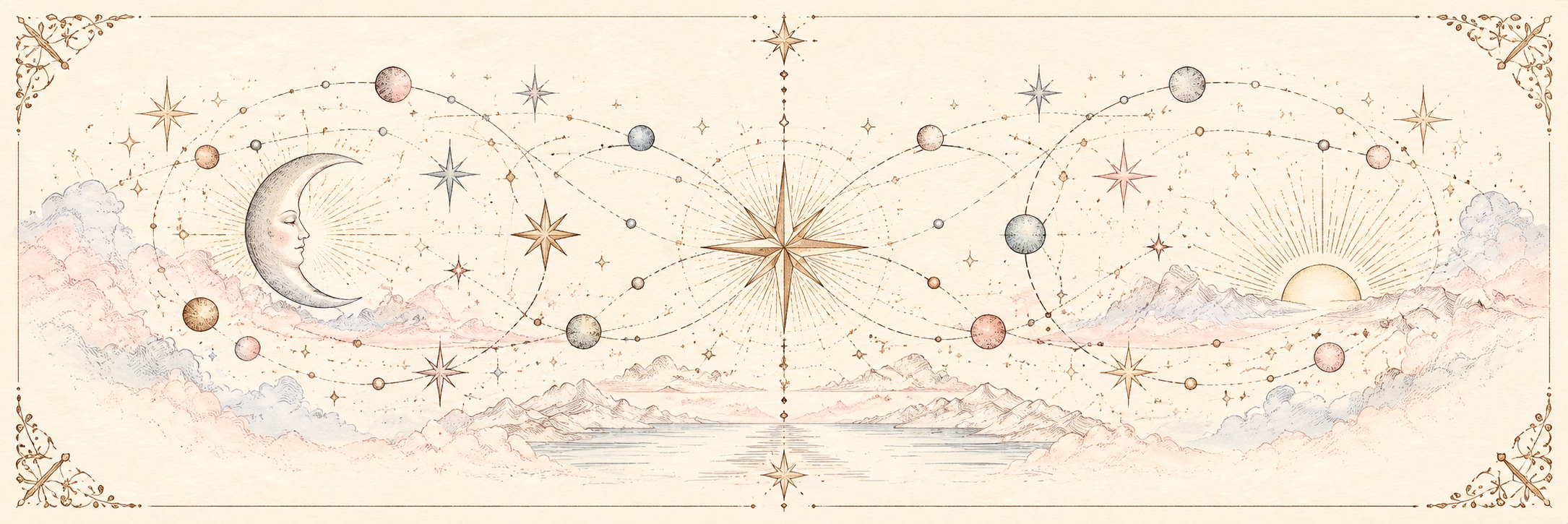 Ilustração em aquarela de caminhos celestes, montanhas, lua e nascer do sol